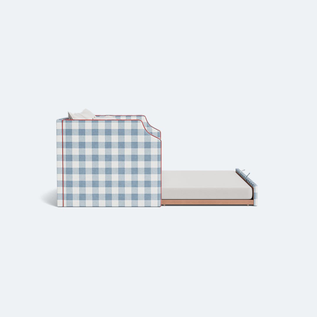 The Addison Twin Trundle Daybed - Buffalo Blue Checkered Fabric - Red Trim