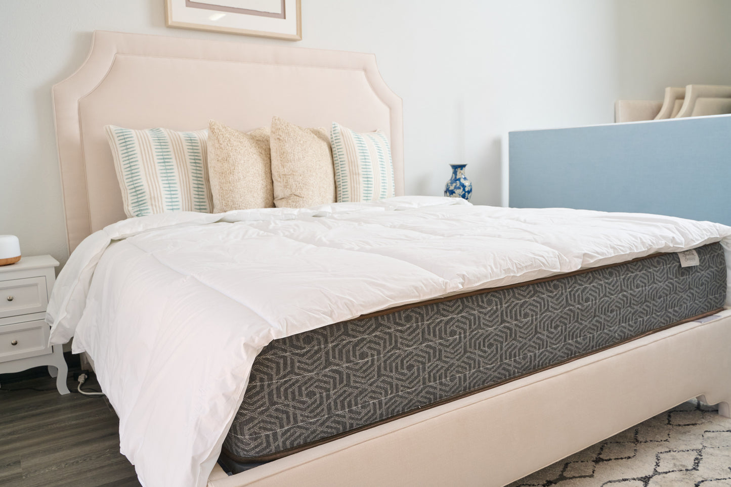 The Addison King Bed - Scalloped Legs - Beige Woven Fabric - Self Welted