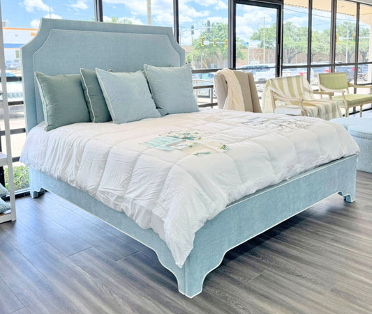 65" H King Platform Bed - Seafoam Blue Performance Chenille Fabric - White Trim