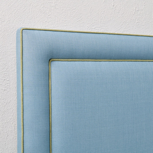 60" H Full Headboard in Blue Linen - Green Trim