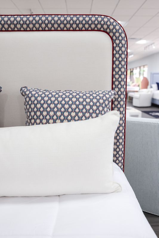 The Lorraine Queen Bed - Patterned Fabric - Red Trim