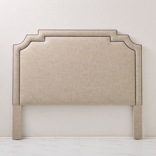 The Martha King Headboard - Beige Checkered Fabric - Navy Trim