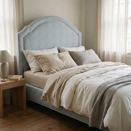 The Grace Queen Bed - Perry Blue Polyester Fabric - White Trim