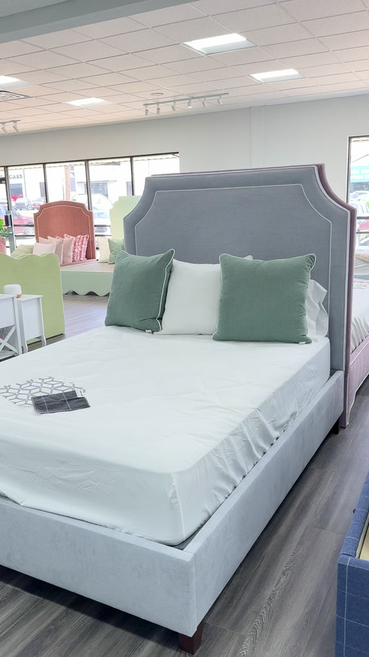 65" H Queen Upholstered Platform Bed - Brown Wooden Legs - Smoke Gray Woven Fabric with White Trim