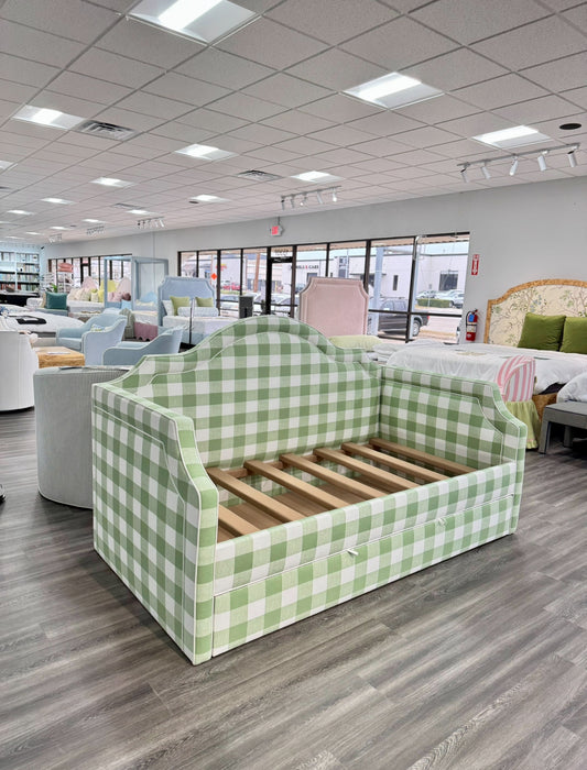 Twin Trundle Daybed - Sage Green Checkered Fabric with White Trim