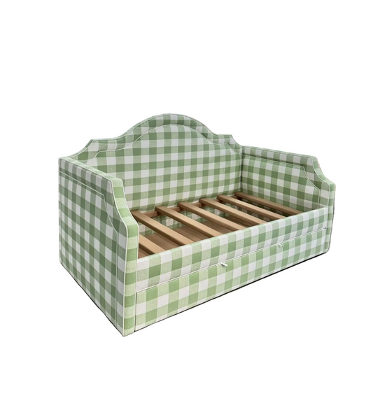 Twin Trundle Daybed - Sage Green Checkered Fabric with White Trim
