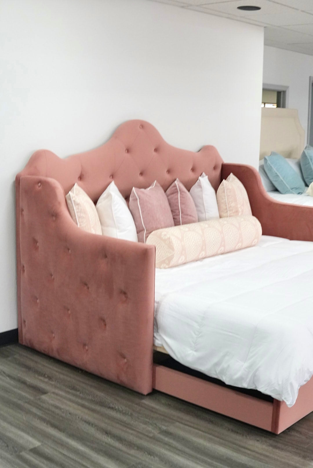 Twin to King Daybed - Blush Rose Velvet Fabric - Tufted