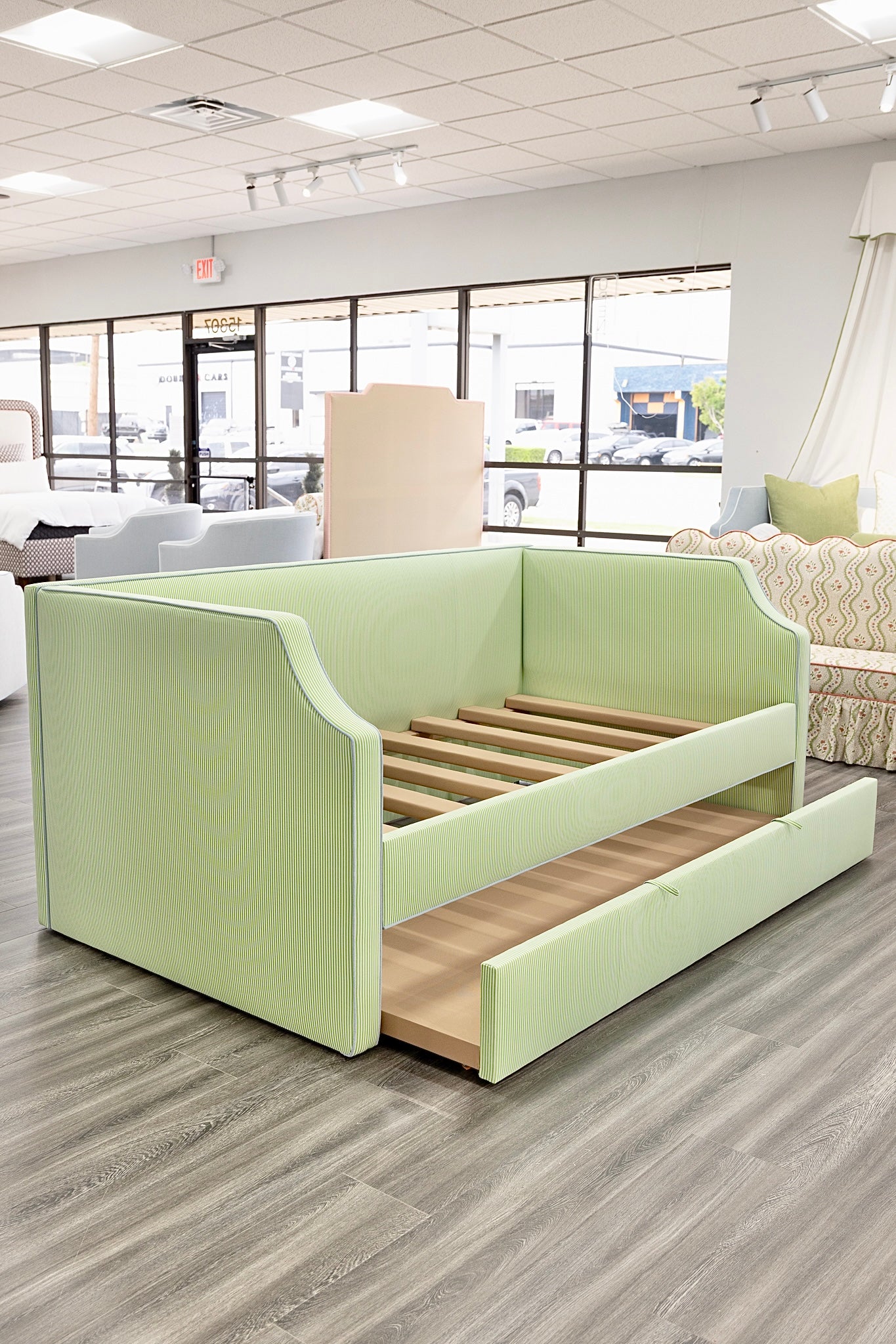 The Addison Twin Trundle Daybed - Striped Green Fabric - Sky Blue Trim