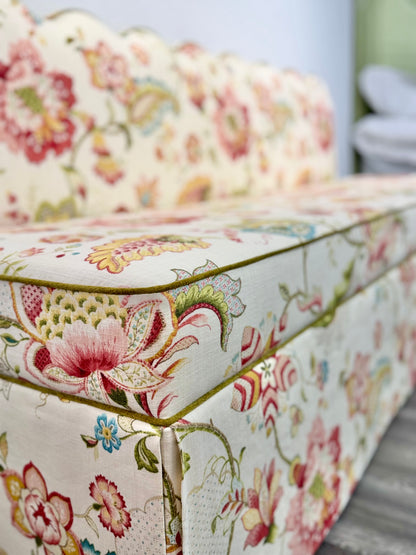 76"L Custom Scalloped Banquette in Ophelia Blossom - Modern Upholstered Dining Banquette with Pleated Skirt