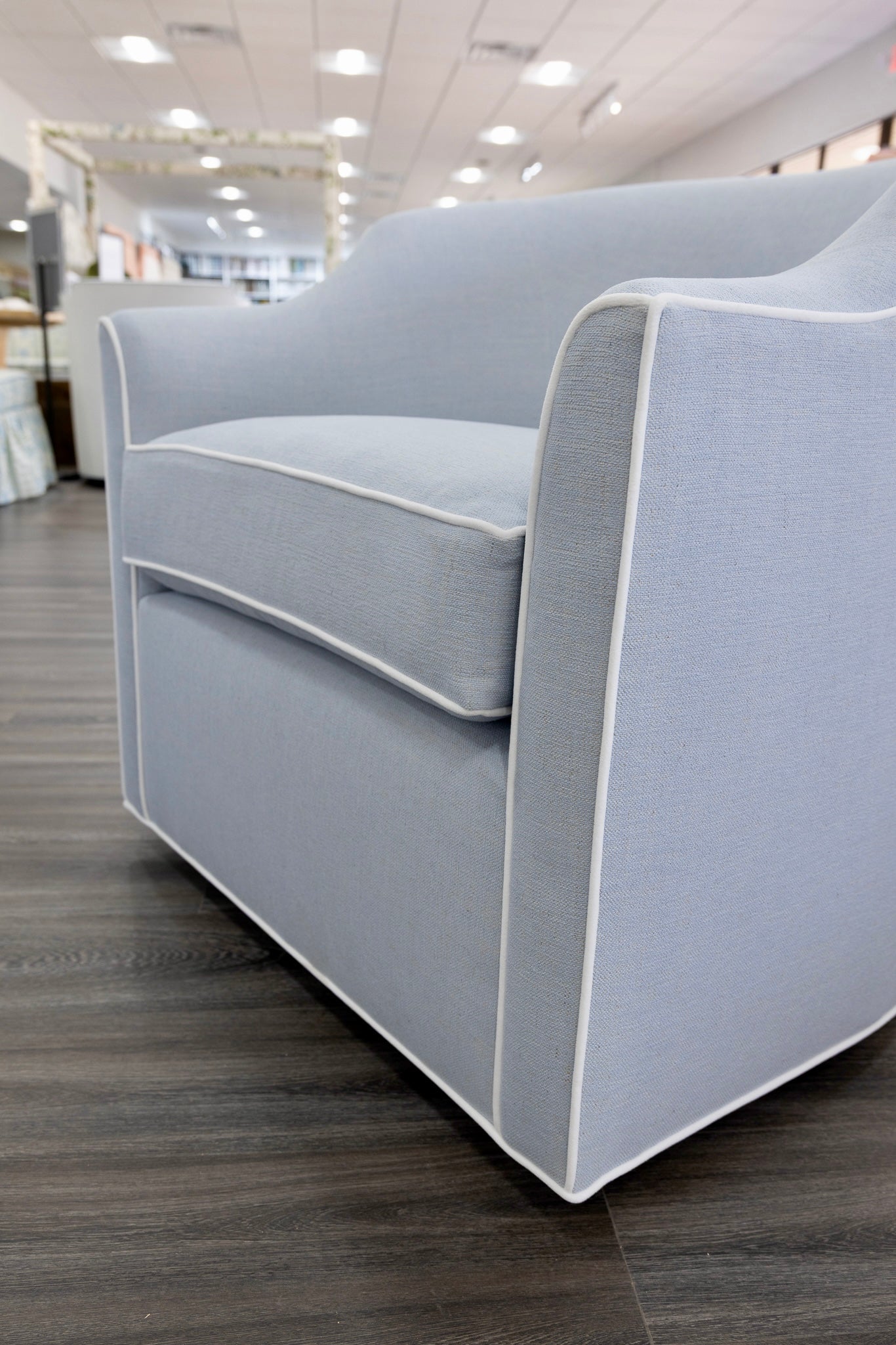 Custom Swivel Chair: Performance Light Blue Crypton Fabric - White Trim