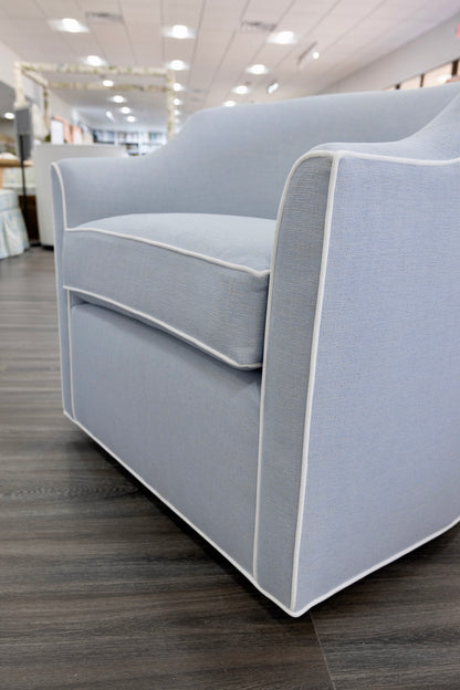 Custom Swivel Chair: Performance Light Blue Crypton Fabric - White Trim