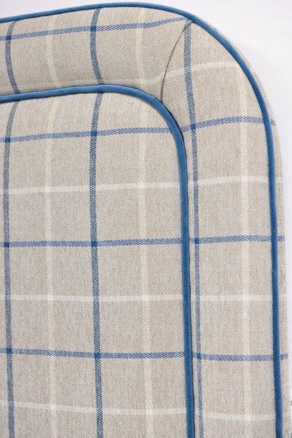 The Lorraine King Bed - Scalloped Legs - Performance Cream Plaid Fabric - Ocean Blue Trim