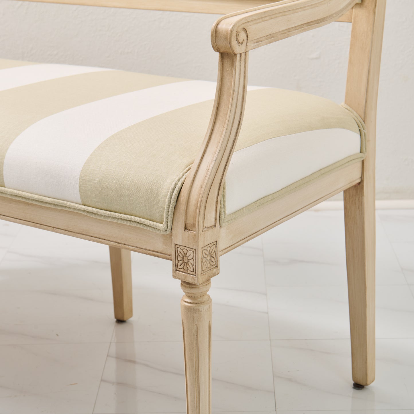 Italian Carved Upholstered Bench in Schumacher Fabric