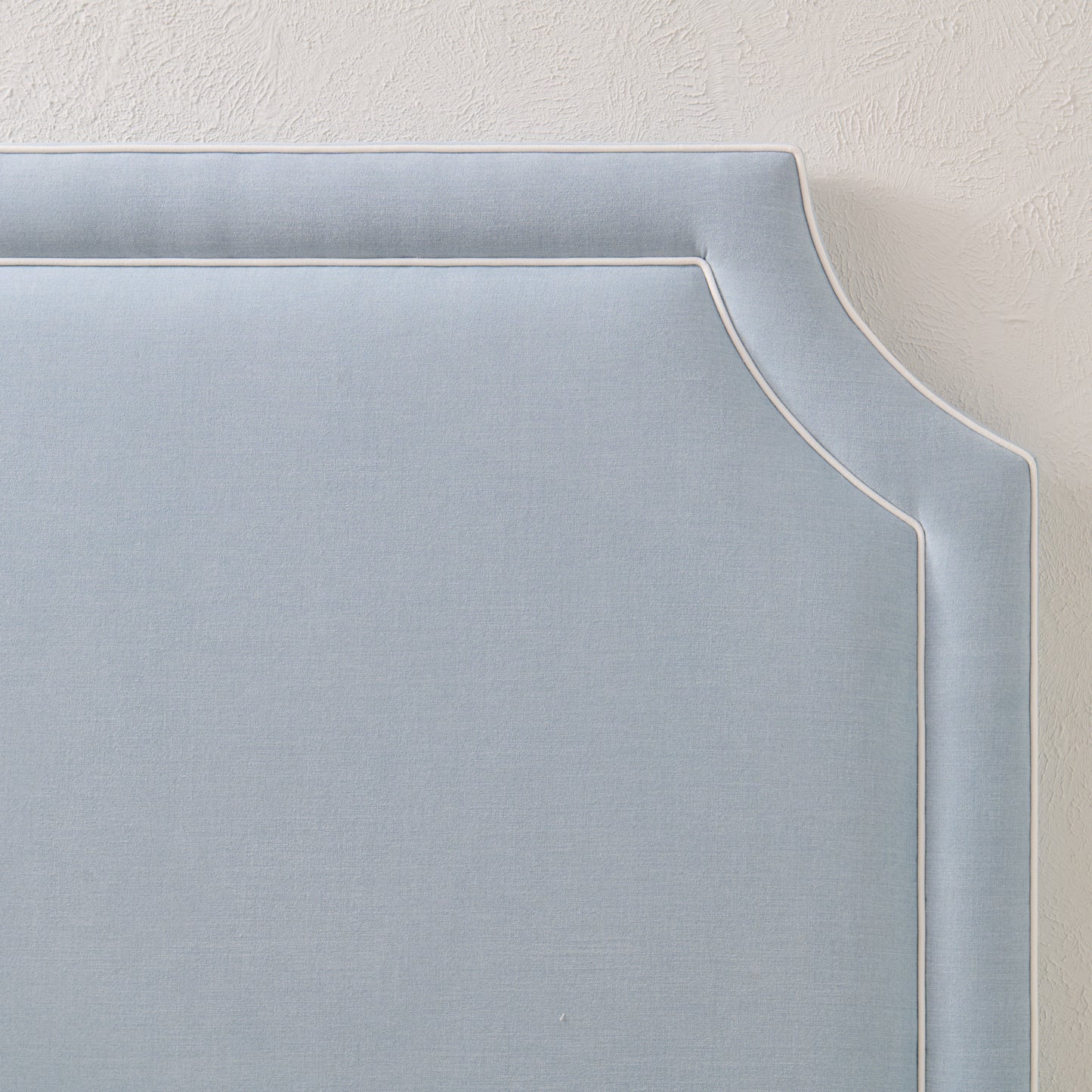 65" H King Platform Bed - Scalloped Legs - Sky Blue Woven Fabric with White Trim