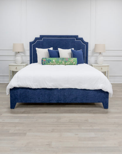 The Martha King Platform Bed - Upholstered Legs - Crypton Fabric in Navy Blue - White Trim