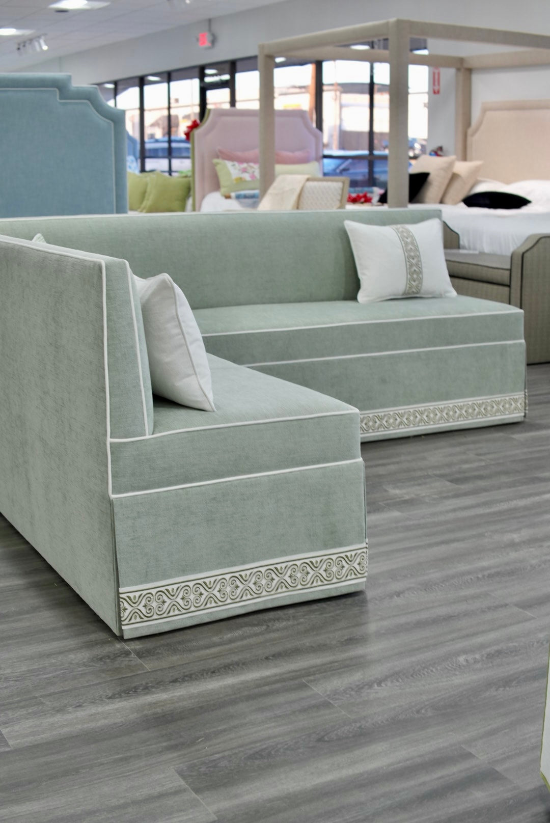Custom Upholstered Skirted Banquette – Performance Green Chenille Fabric, White Piping