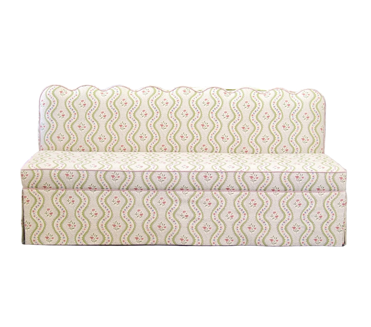 76"L Custom Scalloped Banquette in Natural Luxury Linen - Modern Upholstered Dining Banquette with Pleated Skirt