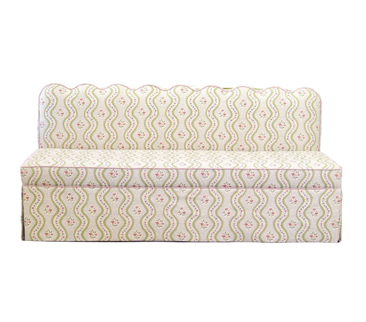 76"L Custom Scalloped Banquette in Natural Luxury Linen - Modern Upholstered Dining Banquette with Pleated Skirt