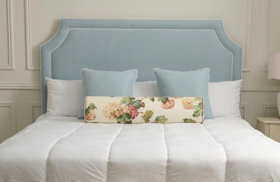 The Addison King Headboard - Sky Blue Woven Fabric - White Trim