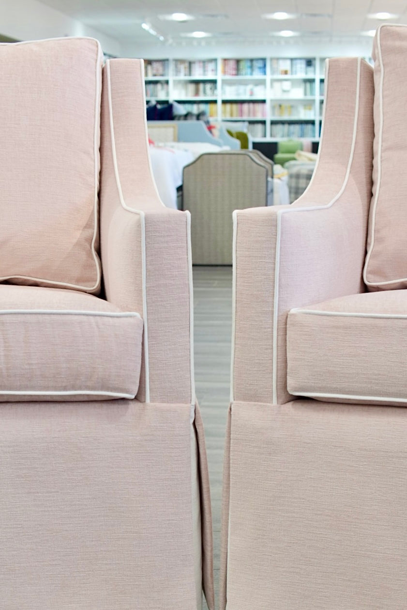 Custom Swivel Glider Chair – Performance Light Pink Chenille Fabric with White Trim