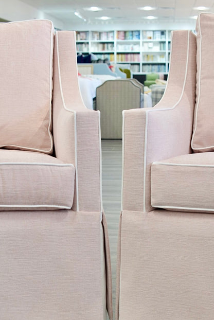 Custom Swivel Glider Chair – Performance Light Pink Chenille Fabric with White Trim