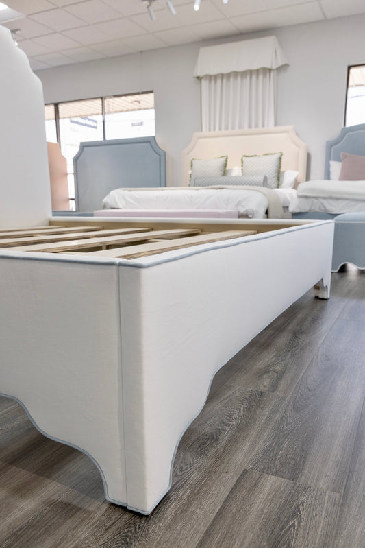 65" H King Platform Bed - Scalloped Legs - White Performance Velvet Fabric - Sky Blue Trim