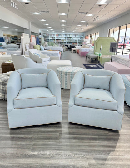 Custom Swivel Chair -  Performance Crypton Fabric in Light Blue - Mushroom Trim