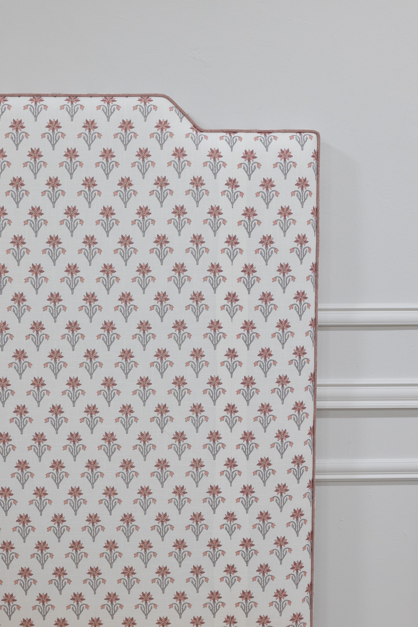 The Celeste Queen Bed - Pink Floral Linen Fabric - Petal Pink Trim