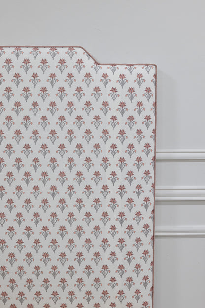 The Celeste Queen Bed - Pink Floral Linen Fabric - Petal Pink Trim