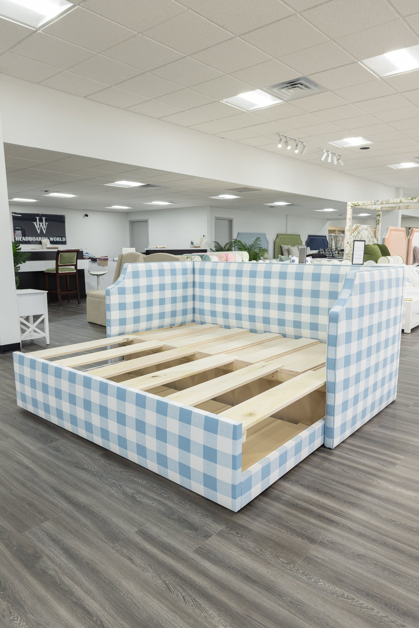 The Addison Twin to King Trundle Daybed - Buffalo Blue Fabric - Sky Blue Trim
