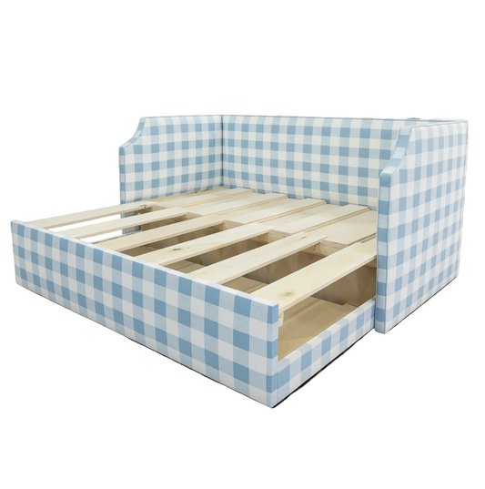Twin to king Upholstered Trundle Daybed in Buffalo Blue Fabric - Sky Blue Trim