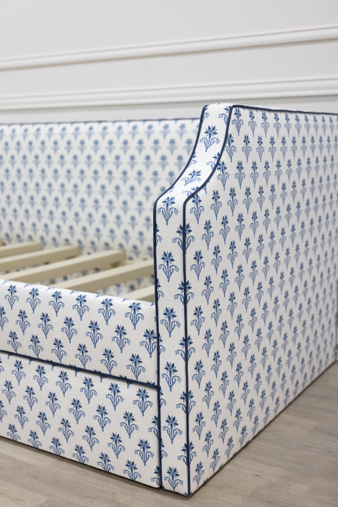 The Addison Twin Trundle Daybed - Lobelia Blues Fabric - Navy Trim