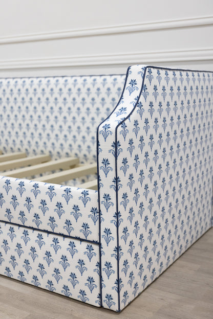 The Addison Twin Trundle Daybed - Lobelia Blues Fabric - Navy Trim