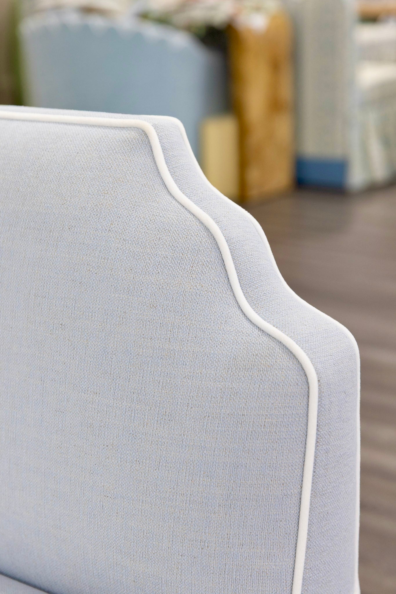 The Helena Banquette – Light Blue Crypton Fabric, White Piping
