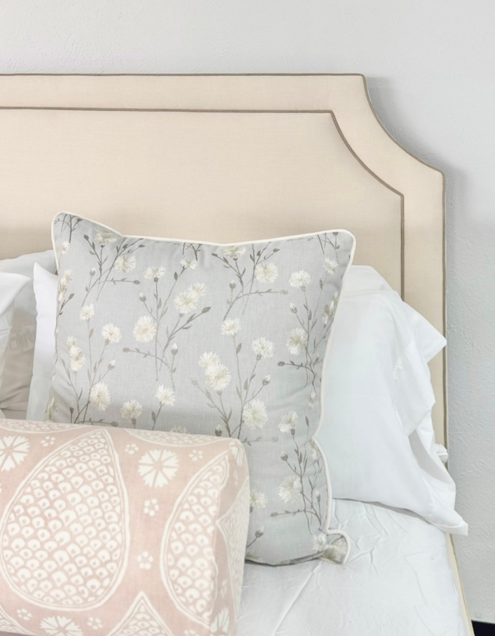 65"H King Headboard in Oat Meal Woven Fabric - Mushroom Trim