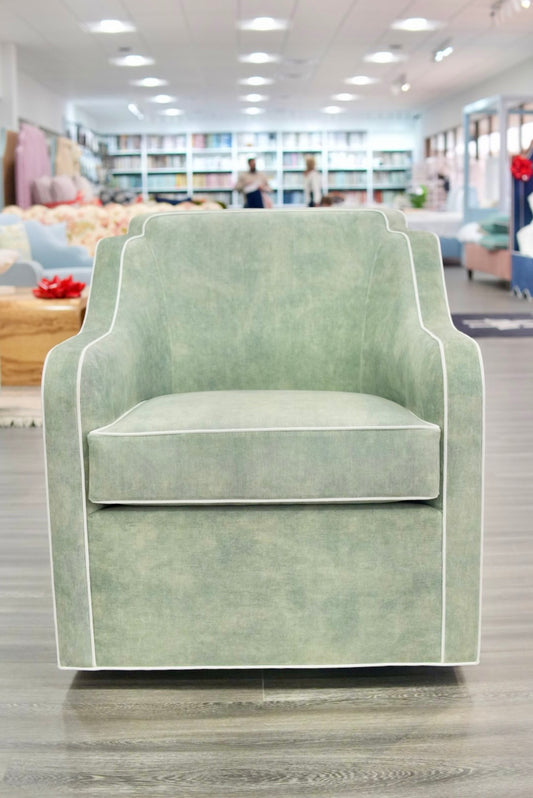 Custom Rachel Scalloped Swivel Chair: Thibaut Darcy Fabric