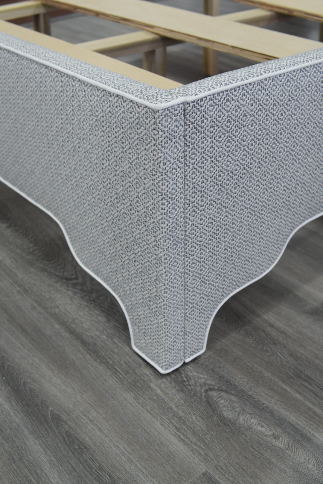 The Addison Queen Bed - Geometric Grey Fabric - White Trim