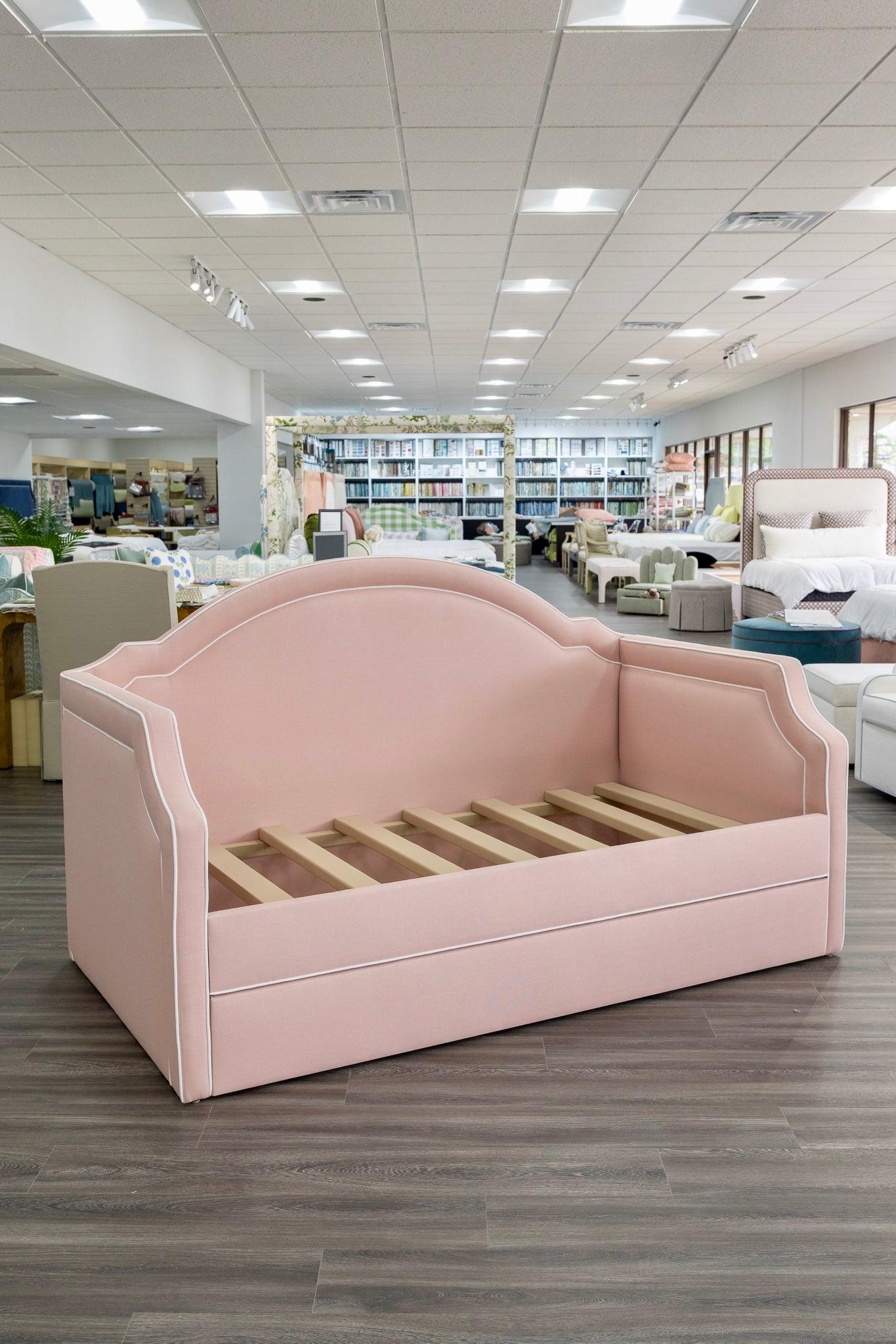 The Grace Twin Trundle Daybed - Pink Linen Fabric - White Trim