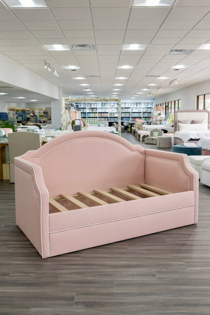 The Grace Twin Trundle Daybed - Pink Linen Fabric - White Trim