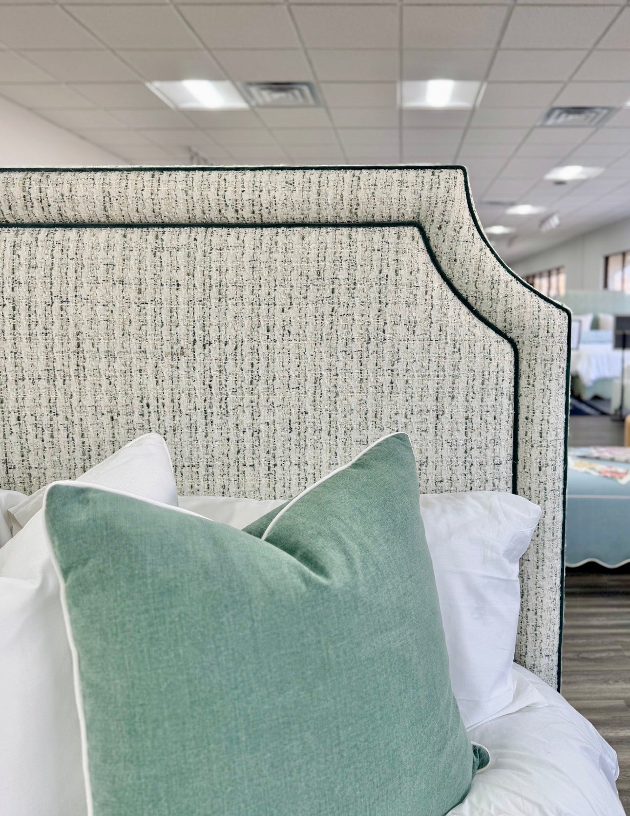 65" H King Platform Bed - Scalloped Legs - Textured Kravet Fabric- Teal Trim