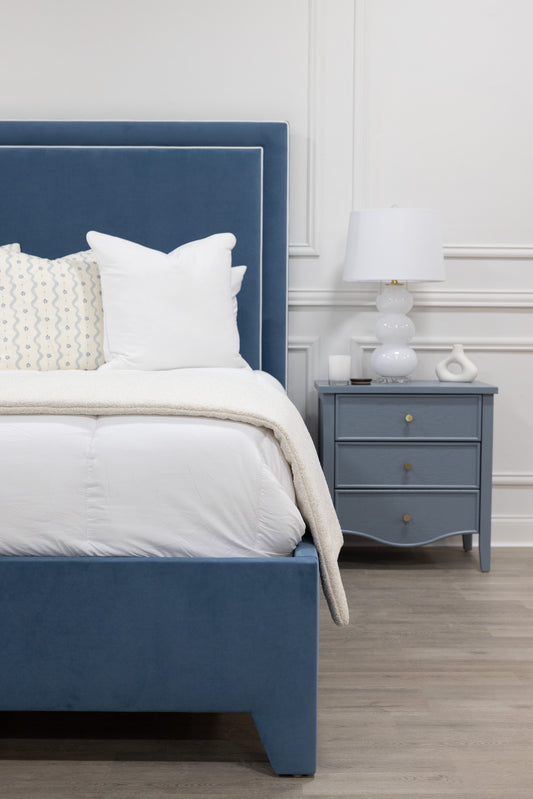 65"H King Platform Bed - Upholstered Legs - Ocean Blue Performance Velvet Fabric - White Trim