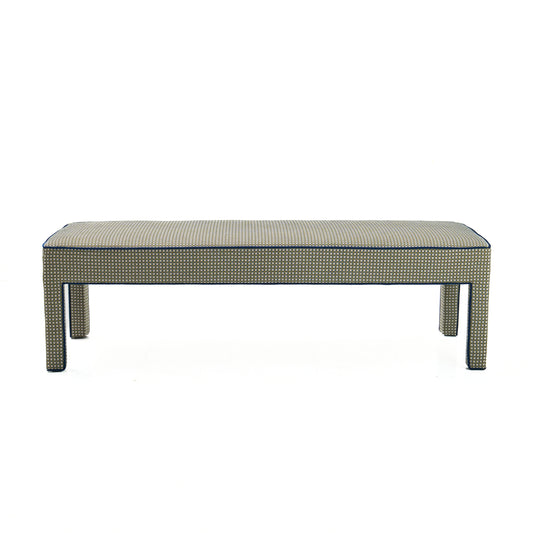 Custom Upholstered Bench in Thibaut Fabric - Navy Trim