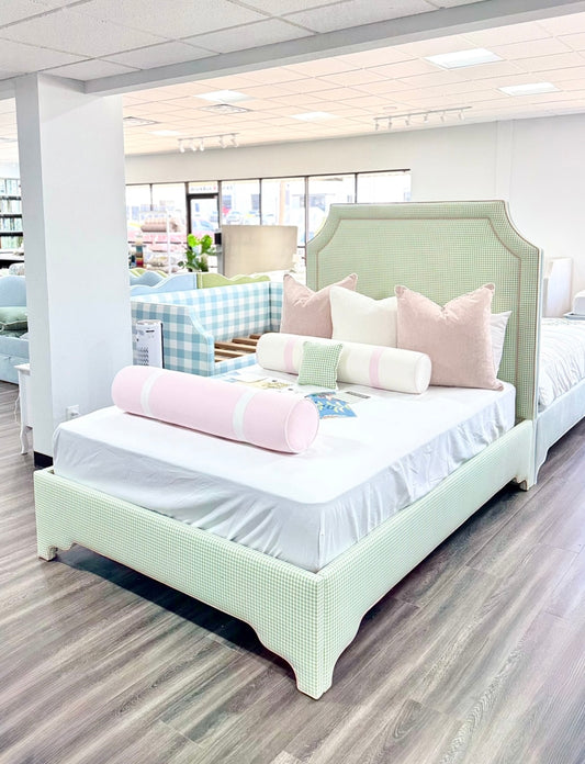 65”H Queen Platform Upholstered Bed - Sage Green Gingham Fabric with Blush Pink Trim