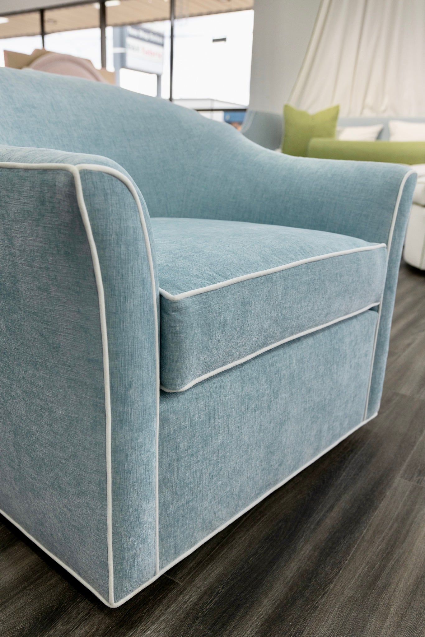 The Teresa Swivel Chair: Seafoam Blue Performance Fabric - White Trim
