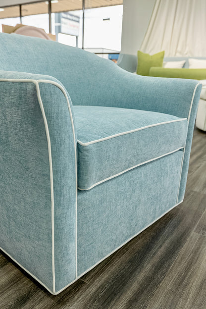 The Teresa Swivel Chair: Seafoam Blue Performance Fabric - White Trim