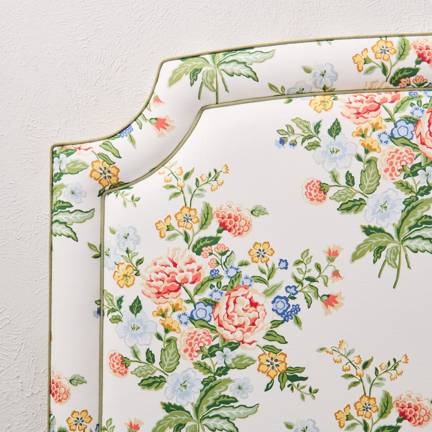 The Aliana King Headboard - Fabricut Floral Bouquet Fabric - Green Trim
