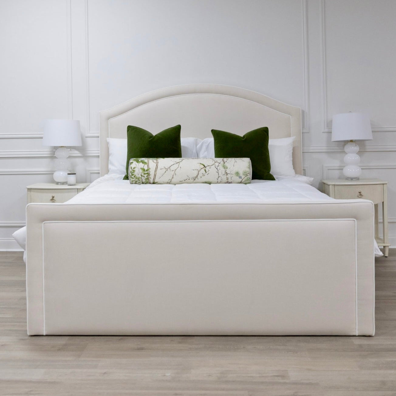 The Lilliane King Bed - Upholstered Footboard - Oatmeal Woven Fabric - White Trim