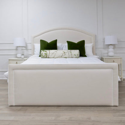 The Lilliane King Bed - Upholstered Footboard - Oatmeal Woven Fabric - White Trim