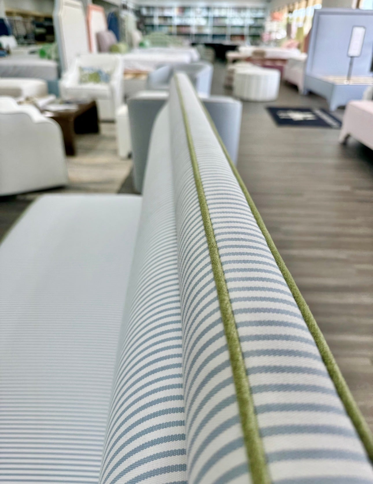Lorraine Banquette – Perennials Striped Blue Fabric - Green Trim