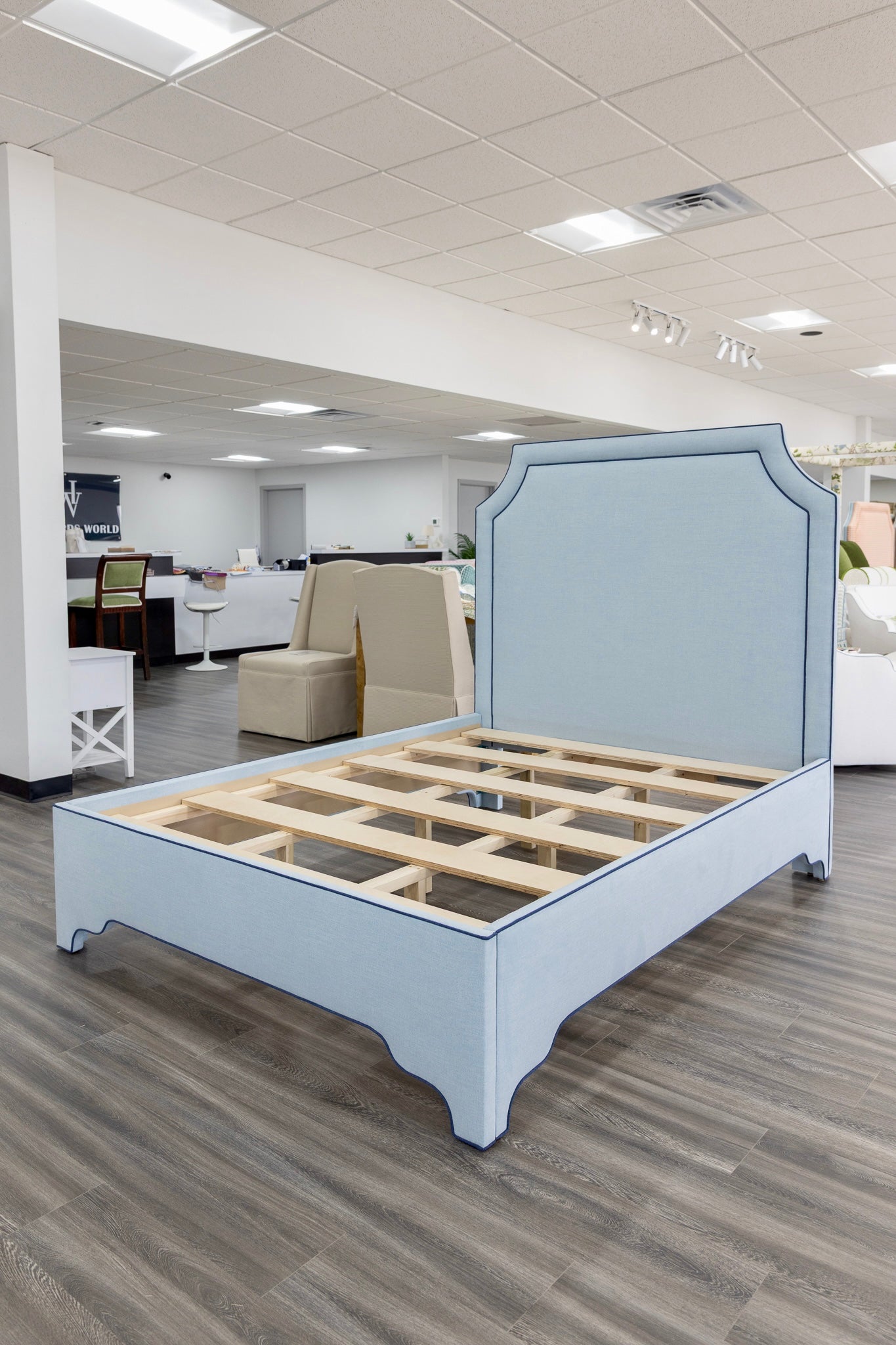 65”H Queen Platform Upholstered Bed - Sky Blue Woven Fabric - Navy Trim